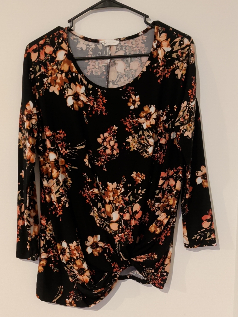 Women's Floral Twist-Front Long Sleeve Top - Black with Brown & Cream Floral